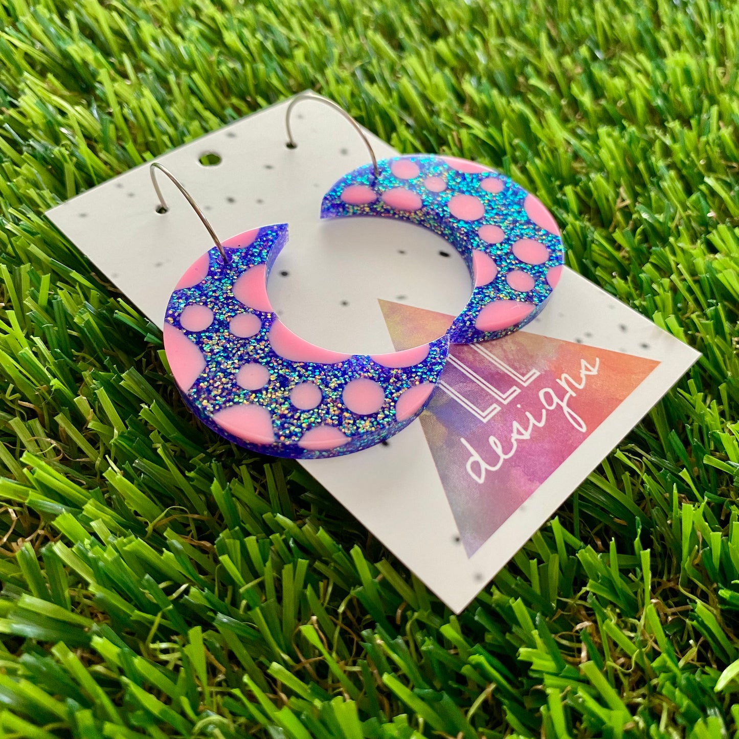 ON SALE!!! Resin Earrings - Polka Dotted Galaxy Purple Moons in Large Featuring a Silver Hoop! (1)