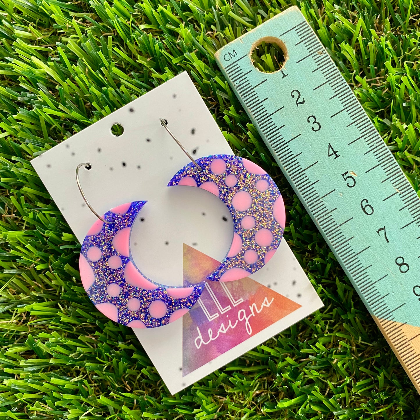 ON SALE!!! Resin Earrings - Polka Dotted Galaxy Purple Moons in Large Featuring a Silver Hoop! (1)