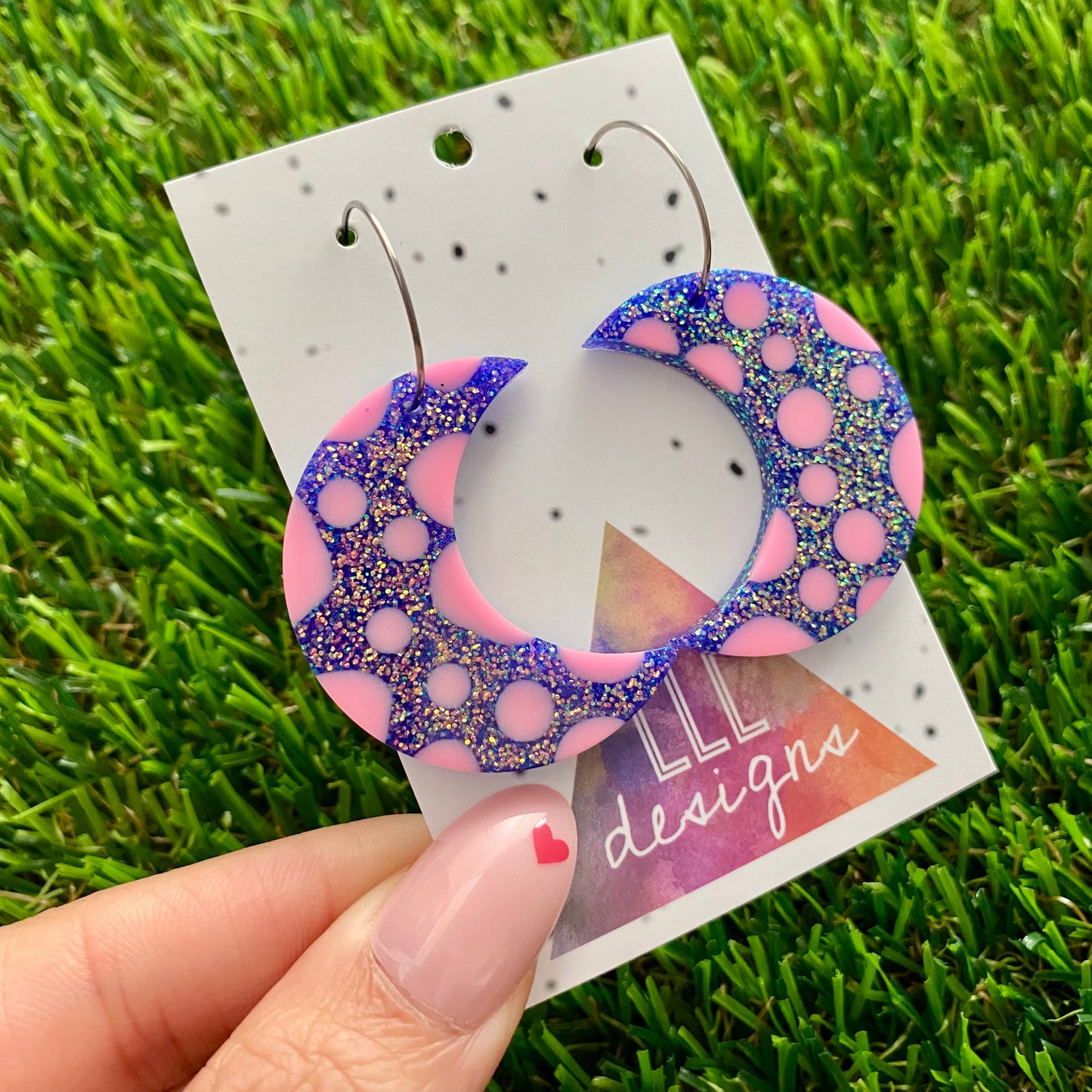 ON SALE!!! Resin Earrings - Polka Dotted Galaxy Purple Moons in Large Featuring a Silver Hoop! (1)