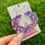 Resin Earrings - Polka Dotted Galaxy Purple Moons in Large Featuring a Silver Hoop! (1)