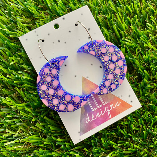 ON SALE!!!! Resin Earrings - Polka Dotted Galaxy Purple Moons in Large Featuring a Silver Hoop! (2)