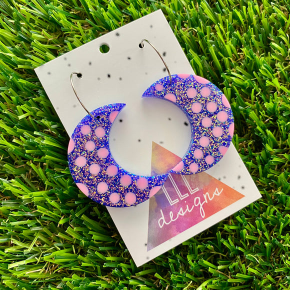 Resin Earrings - Polka Dotted Galaxy Purple Moons in Large Featuring a Silver Hoop! (2)