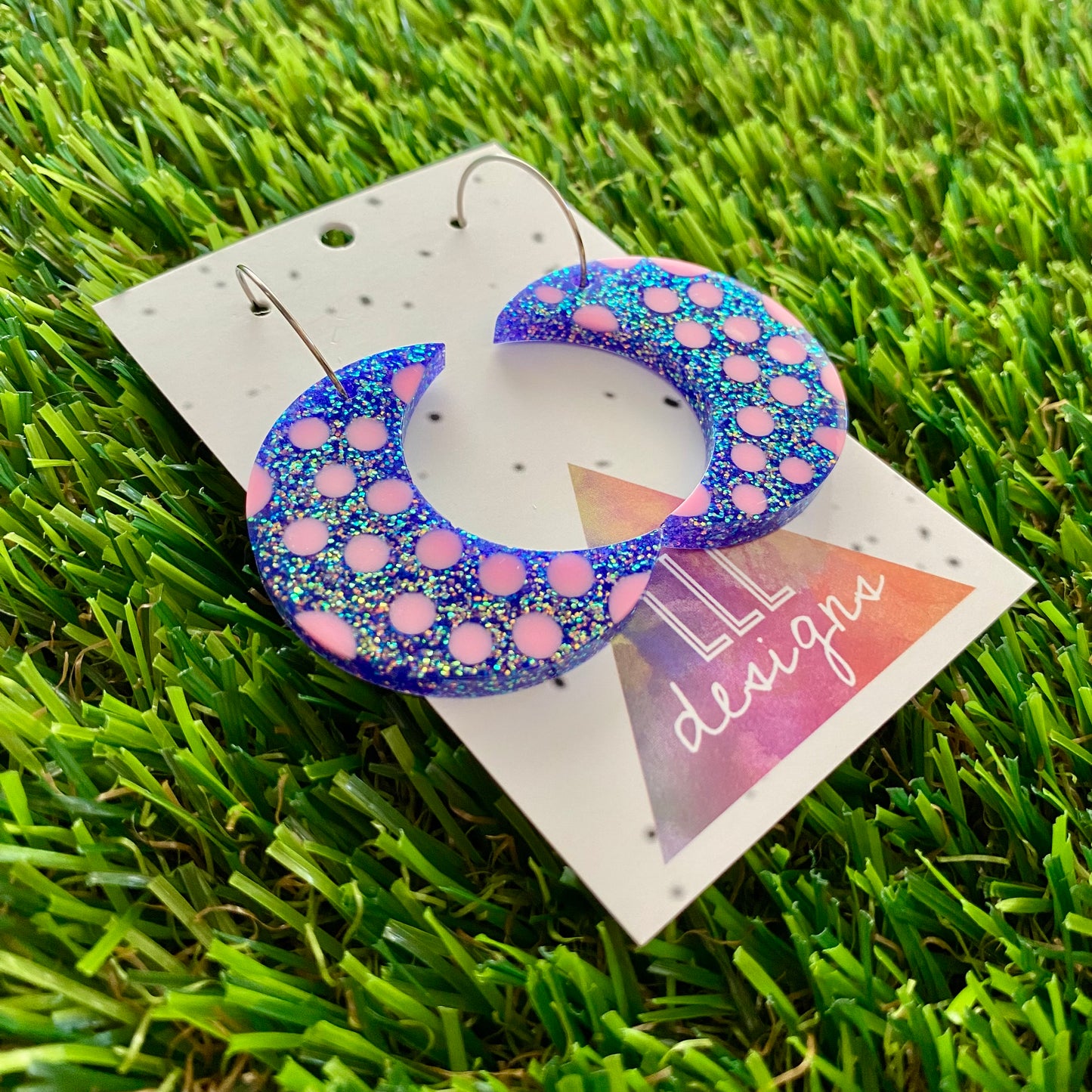 ON SALE!!!! Resin Earrings - Polka Dotted Galaxy Purple Moons in Large Featuring a Silver Hoop! (2)