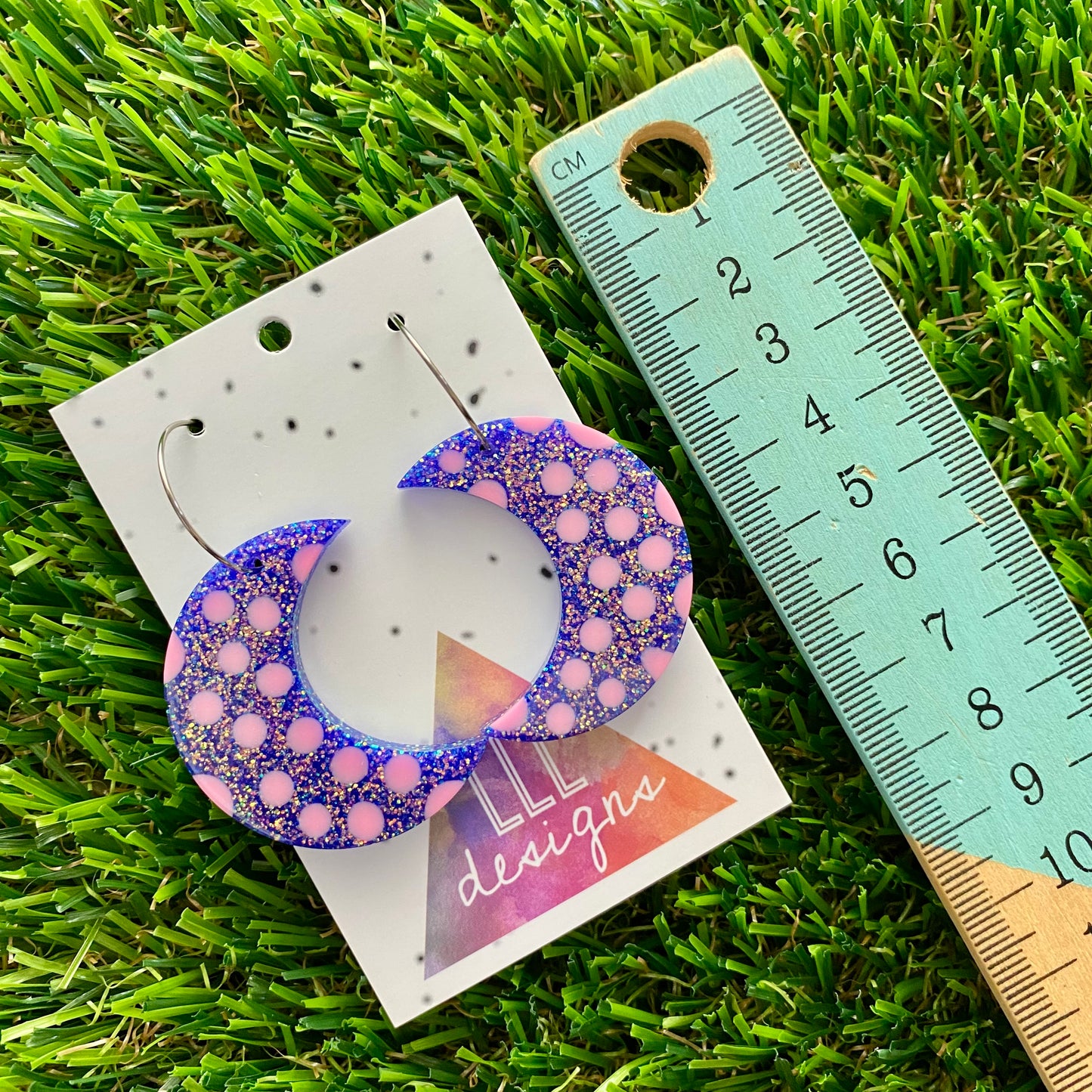 ON SALE!!!! Resin Earrings - Polka Dotted Galaxy Purple Moons in Large Featuring a Silver Hoop! (2)