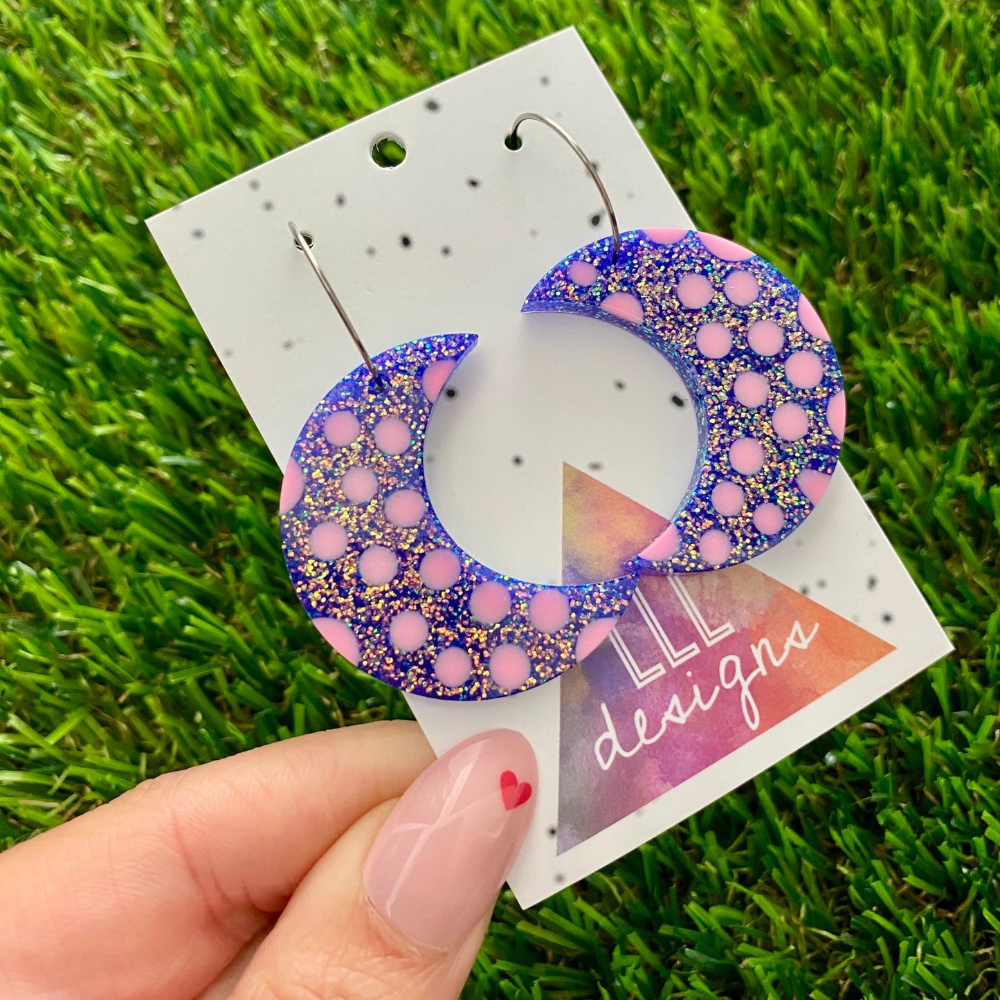 ON SALE!!!! Resin Earrings - Polka Dotted Galaxy Purple Moons in Large Featuring a Silver Hoop! (2)