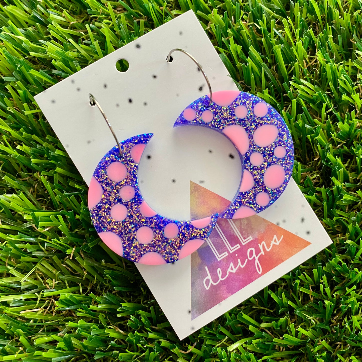 ON SALE!!!! Resin Earrings - Polka Dotted Galaxy Purple Moons in Large Featuring a Silver Hoop! (3)