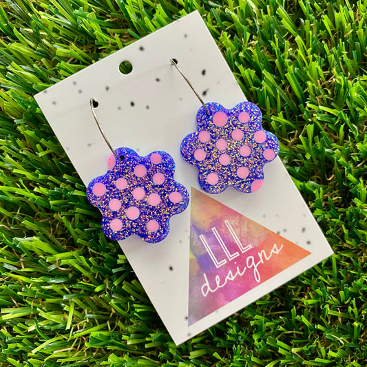 ON SALE!!!! Resin Earrings - Polka Dotted Galaxy Purple Flowers in Medium Featuring a Silver Hoop!