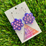 Resin Earrings - Polka Dotted Galaxy Purple Flowers in Medium Featuring a Silver Hoop!