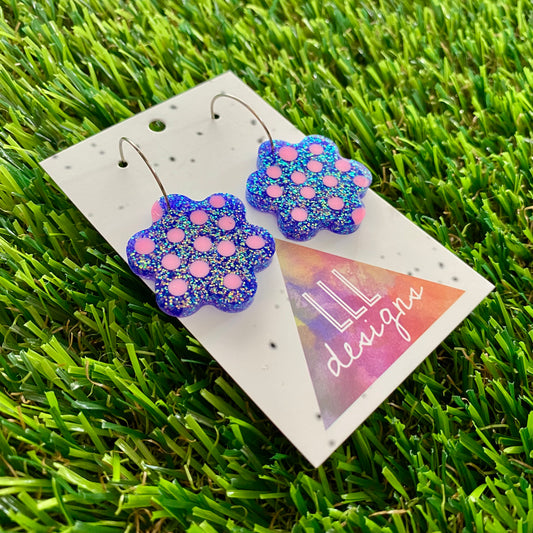 ON SALE!!!! Resin Earrings - Polka Dotted Galaxy Purple Flowers in Medium Featuring a Silver Hoop!