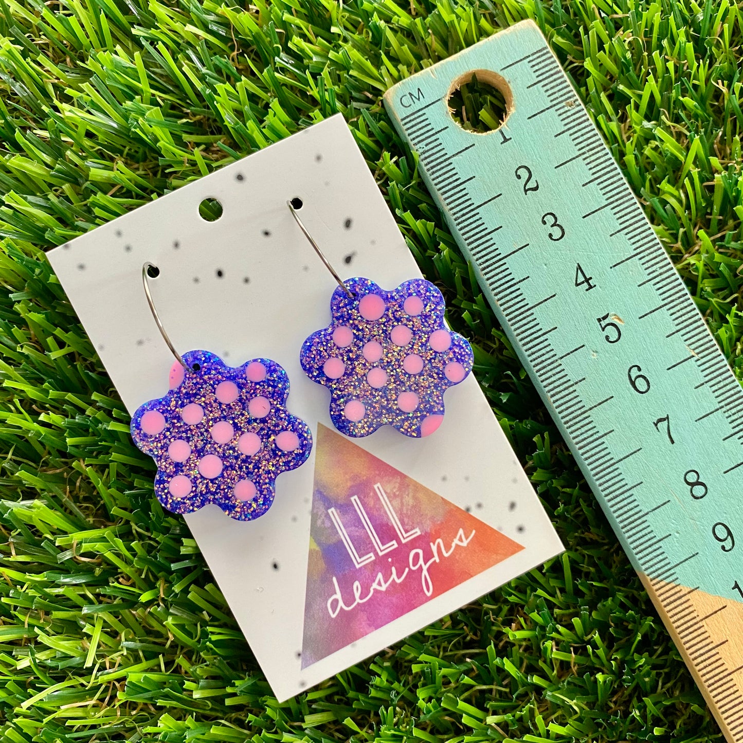 ON SALE!!!! Resin Earrings - Polka Dotted Galaxy Purple Flowers in Medium Featuring a Silver Hoop!