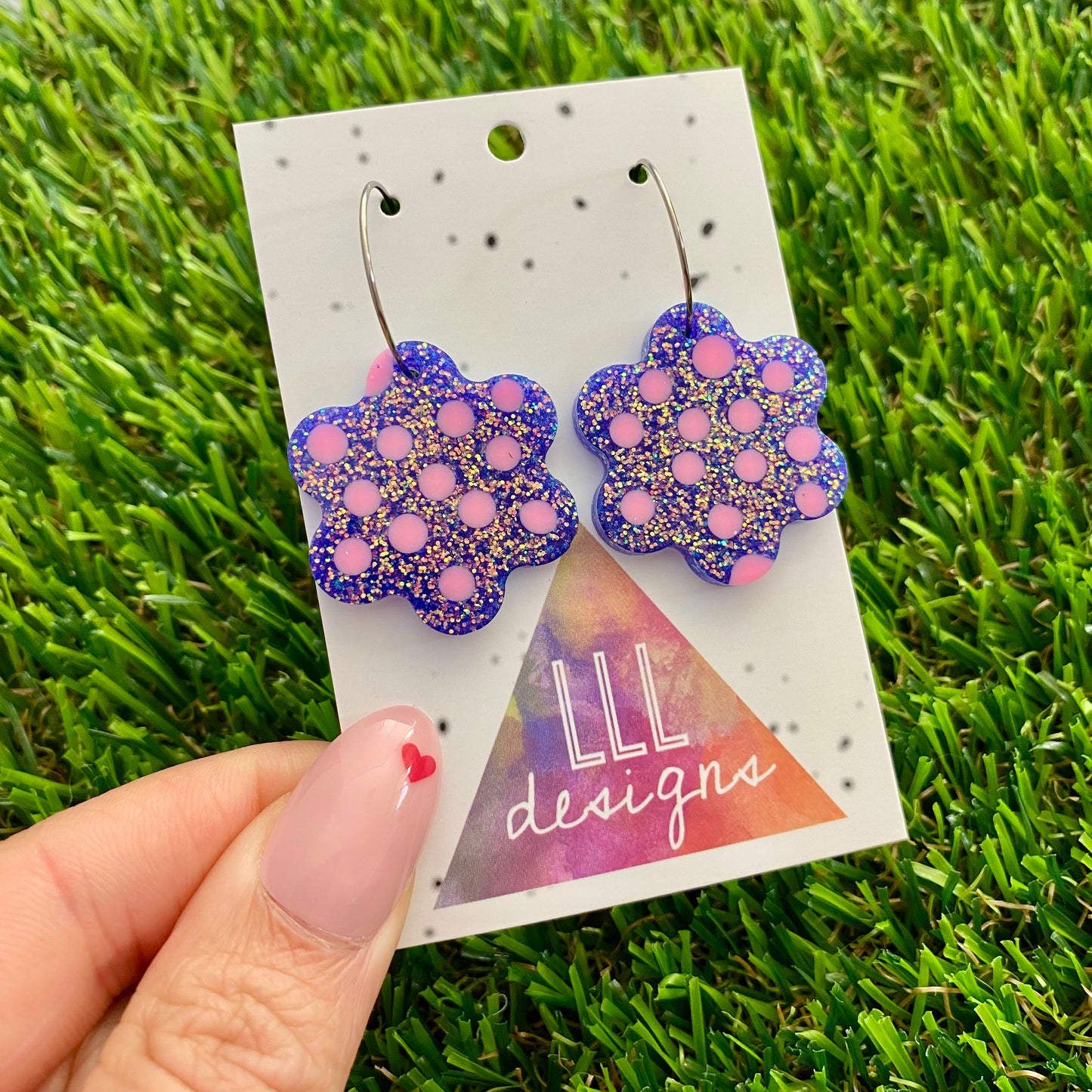 ON SALE!!!! Resin Earrings - Polka Dotted Galaxy Purple Flowers in Medium Featuring a Silver Hoop!