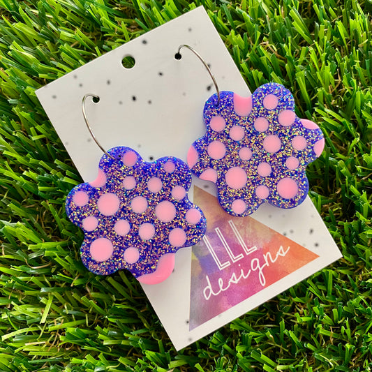 ON SALE!!!! Resin Earrings - Polka Dotted Galaxy Purple Flowers in Large Featuring a Silver Hoop! (1)