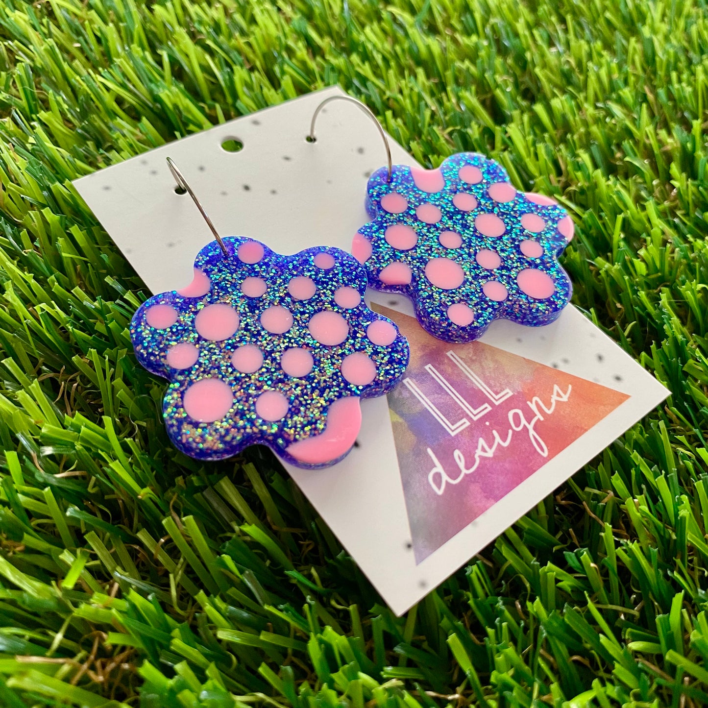 ON SALE!!!! Resin Earrings - Polka Dotted Galaxy Purple Flowers in Large Featuring a Silver Hoop! (1)