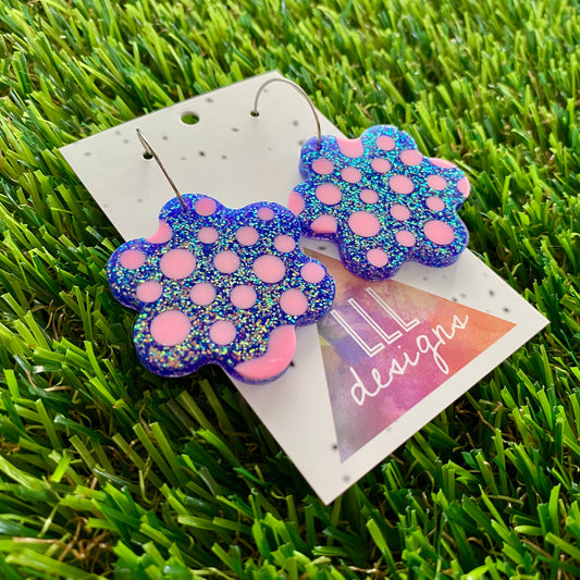 ON SALE!!!! Resin Earrings - Polka Dotted Galaxy Purple Flowers in Large Featuring a Silver Hoop! (1)