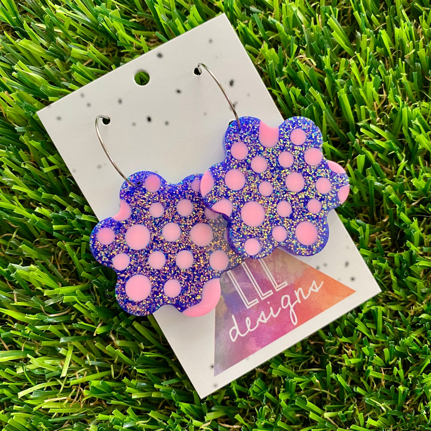 ON SALE!!!! Resin Earrings - Polka Dotted Galaxy Purple Flowers in Large Featuring a Silver Hoop! (1)