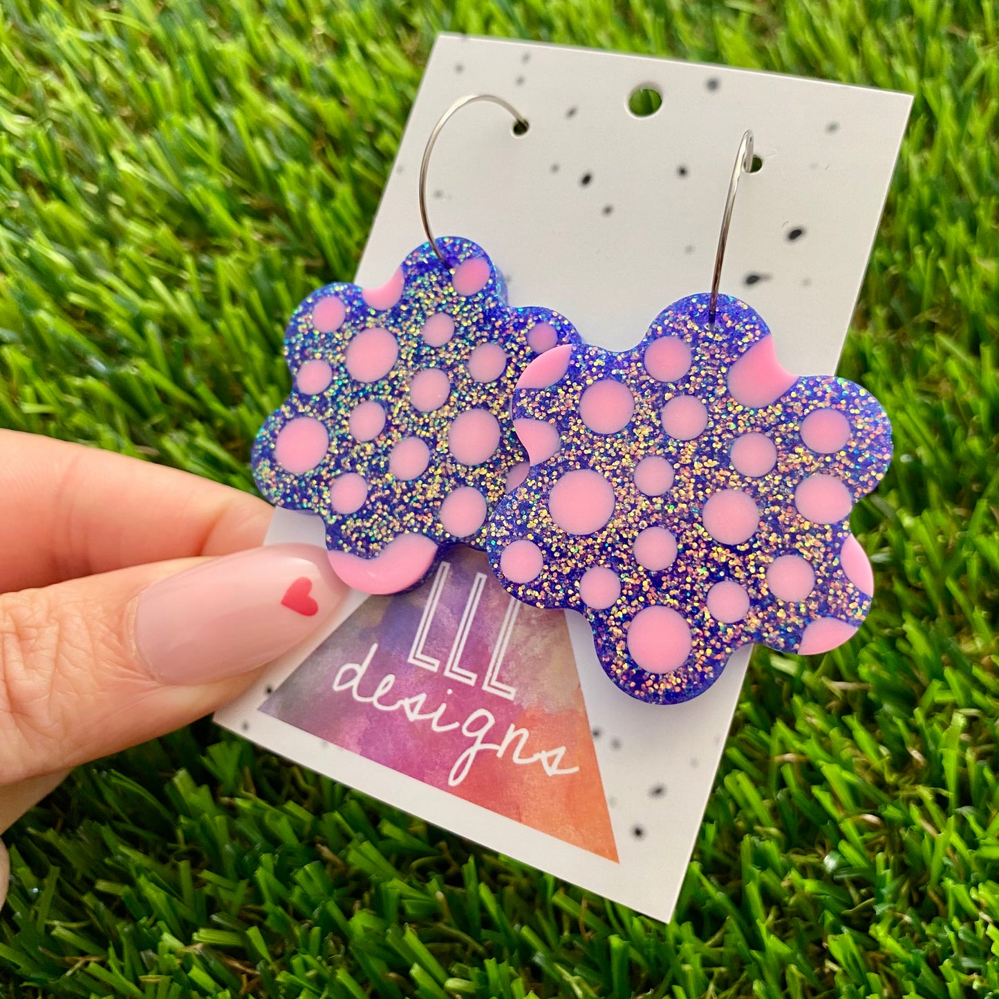 ON SALE!!!! Resin Earrings - Polka Dotted Galaxy Purple Flowers in Large Featuring a Silver Hoop! (1)