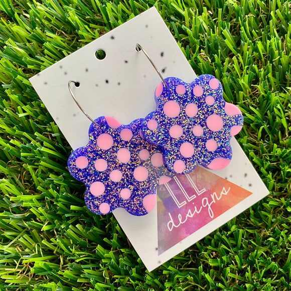 Resin Earrings - Polka Dotted Galaxy Purple Flowers in Large Featuring a Silver Hoop! (2)