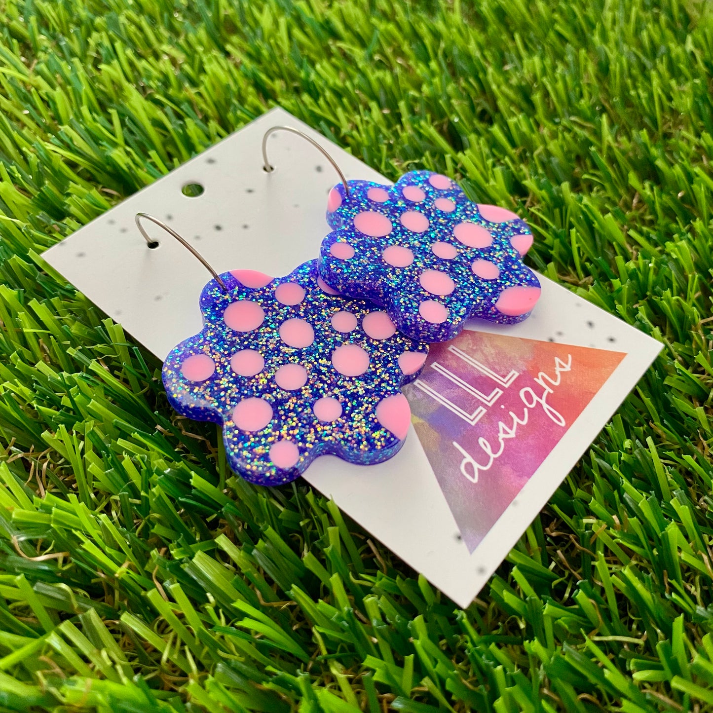 ON SALE!!! Resin Earrings - Polka Dotted Galaxy Purple Flowers in Large Featuring a Silver Hoop! (2)