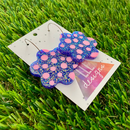 ON SALE!!! Resin Earrings - Polka Dotted Galaxy Purple Flowers in Large Featuring a Silver Hoop! (2)
