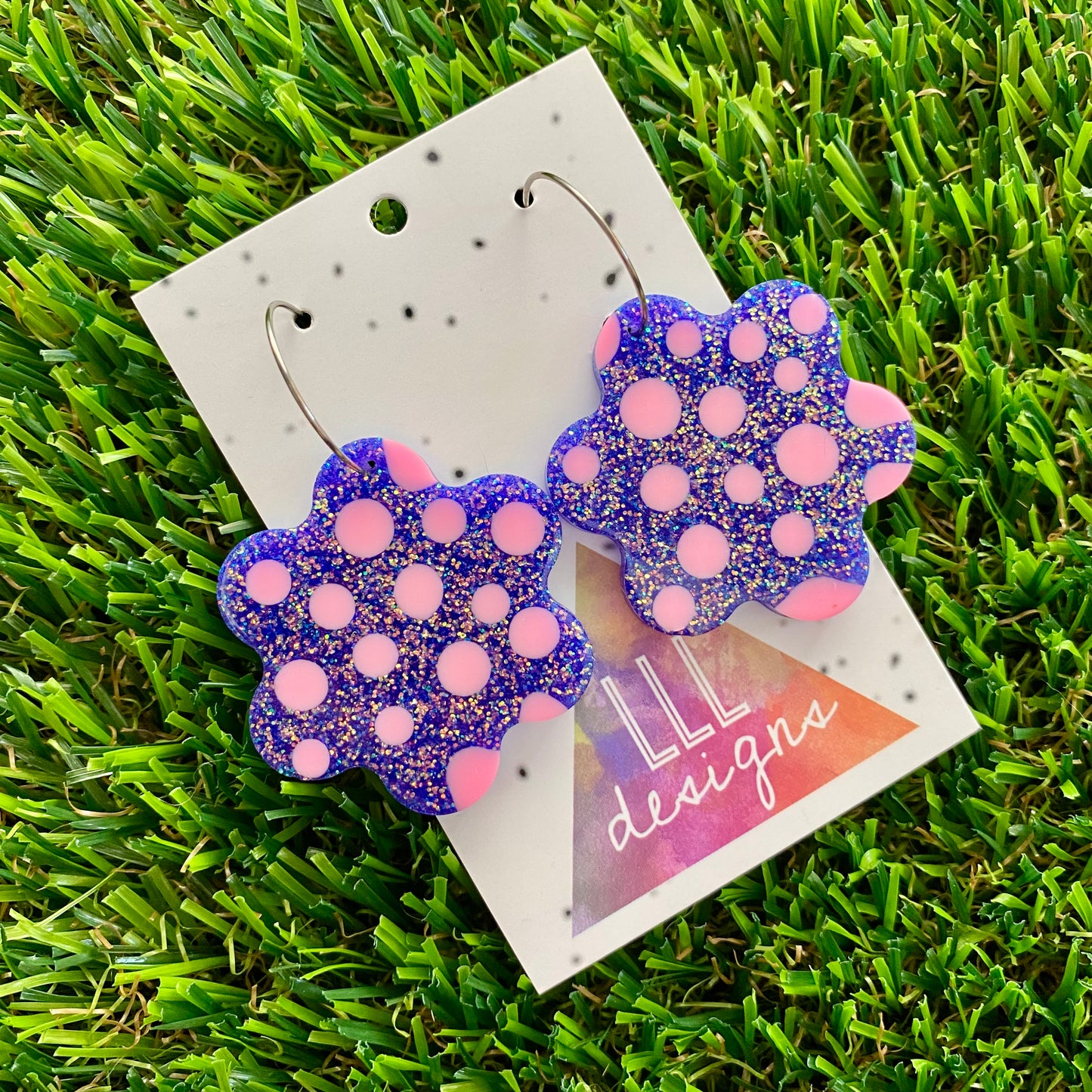 ON SALE!!! Resin Earrings - Polka Dotted Galaxy Purple Flowers in Large Featuring a Silver Hoop! (2)