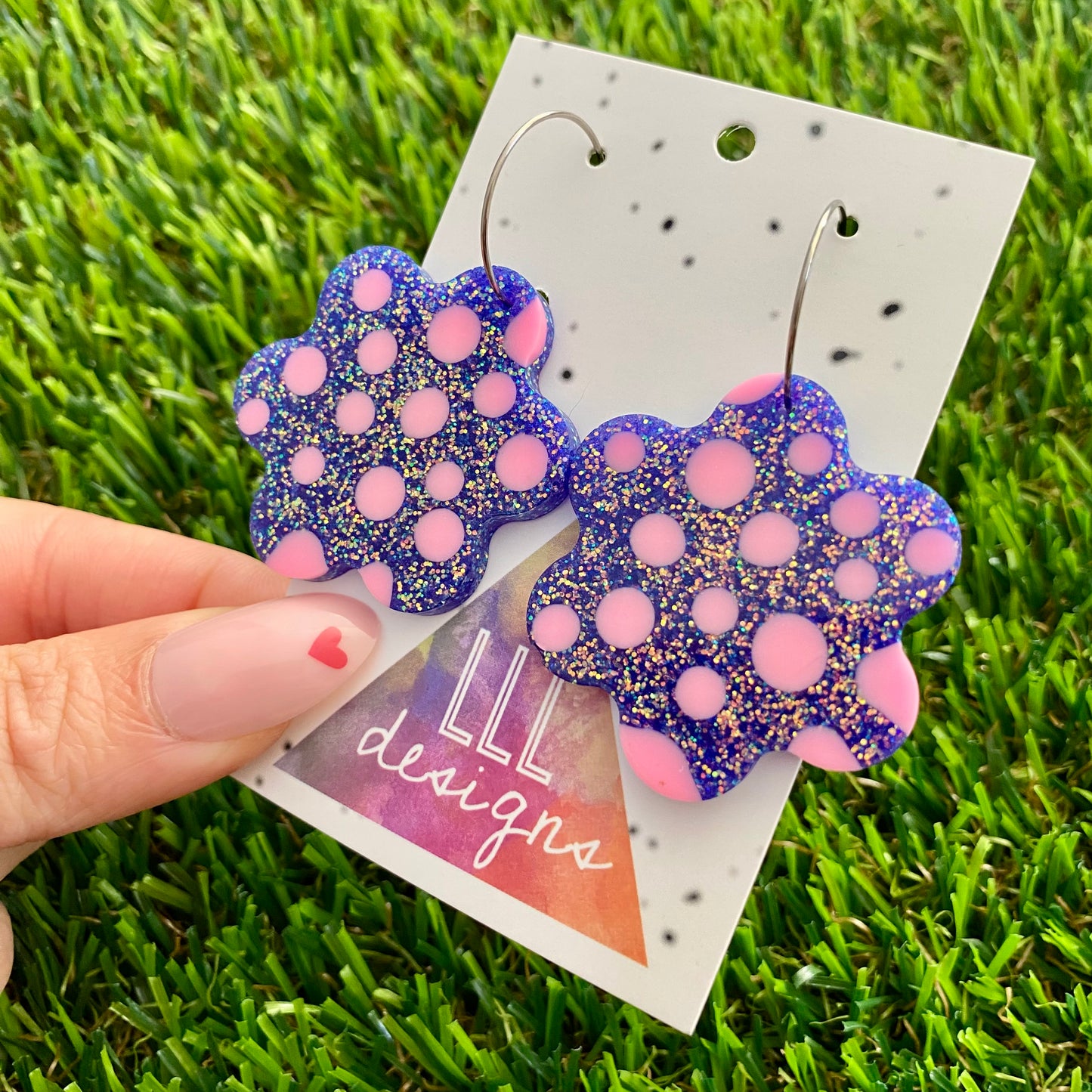 ON SALE!!! Resin Earrings - Polka Dotted Galaxy Purple Flowers in Large Featuring a Silver Hoop! (2)