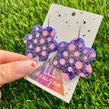 Resin Earrings - Polka Dotted Galaxy Purple Flowers in Large Featuring a Silver Hoop! (2)