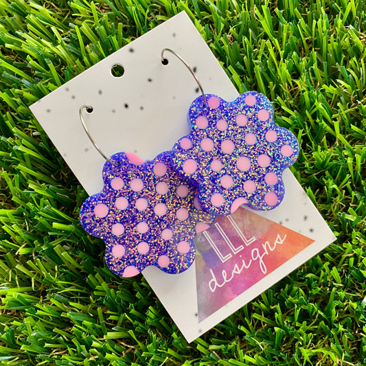 ON SALE!!!!! Resin Earrings - Polka Dotted Galaxy Purple Flowers in Large Featuring a Silver Hoop! (3)