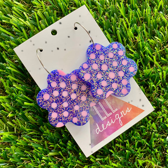 Resin Earrings - Polka Dotted Galaxy Purple Flowers in Large Featuring a Silver Hoop! (3)