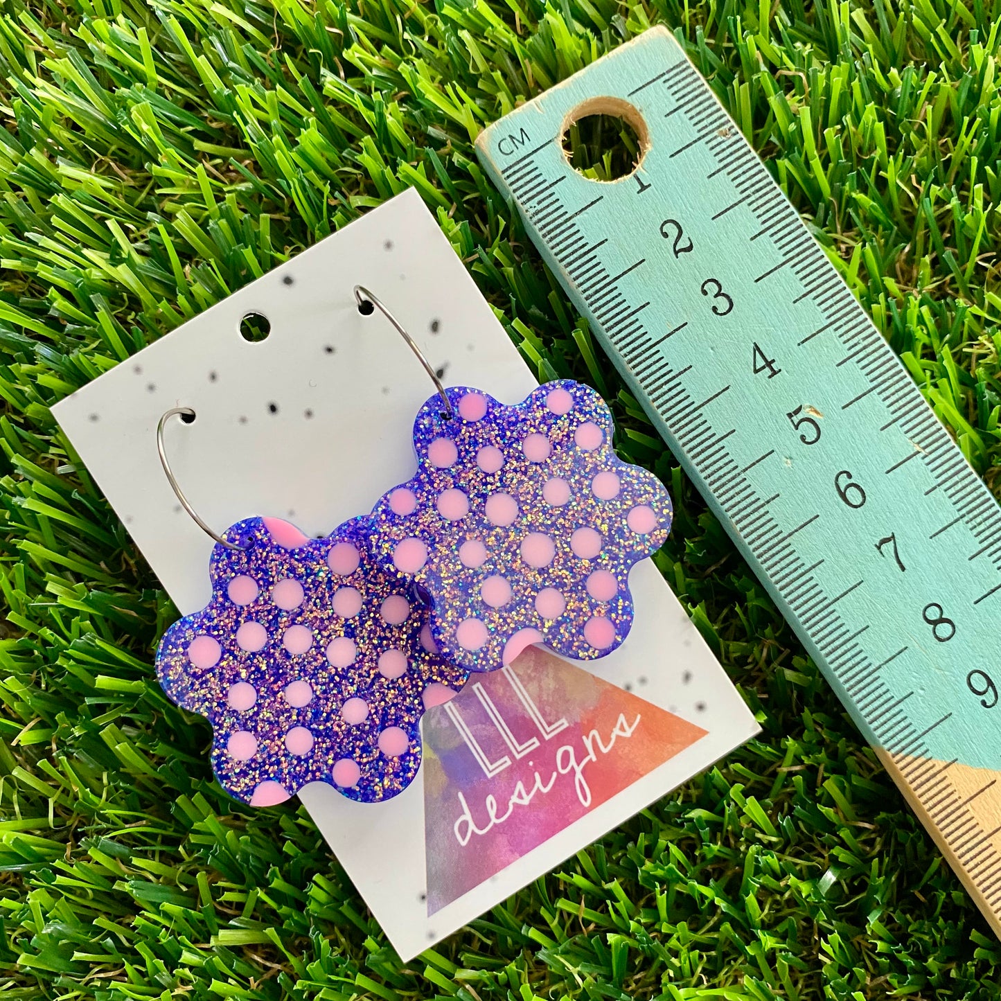 ON SALE!!!!! Resin Earrings - Polka Dotted Galaxy Purple Flowers in Large Featuring a Silver Hoop! (3)