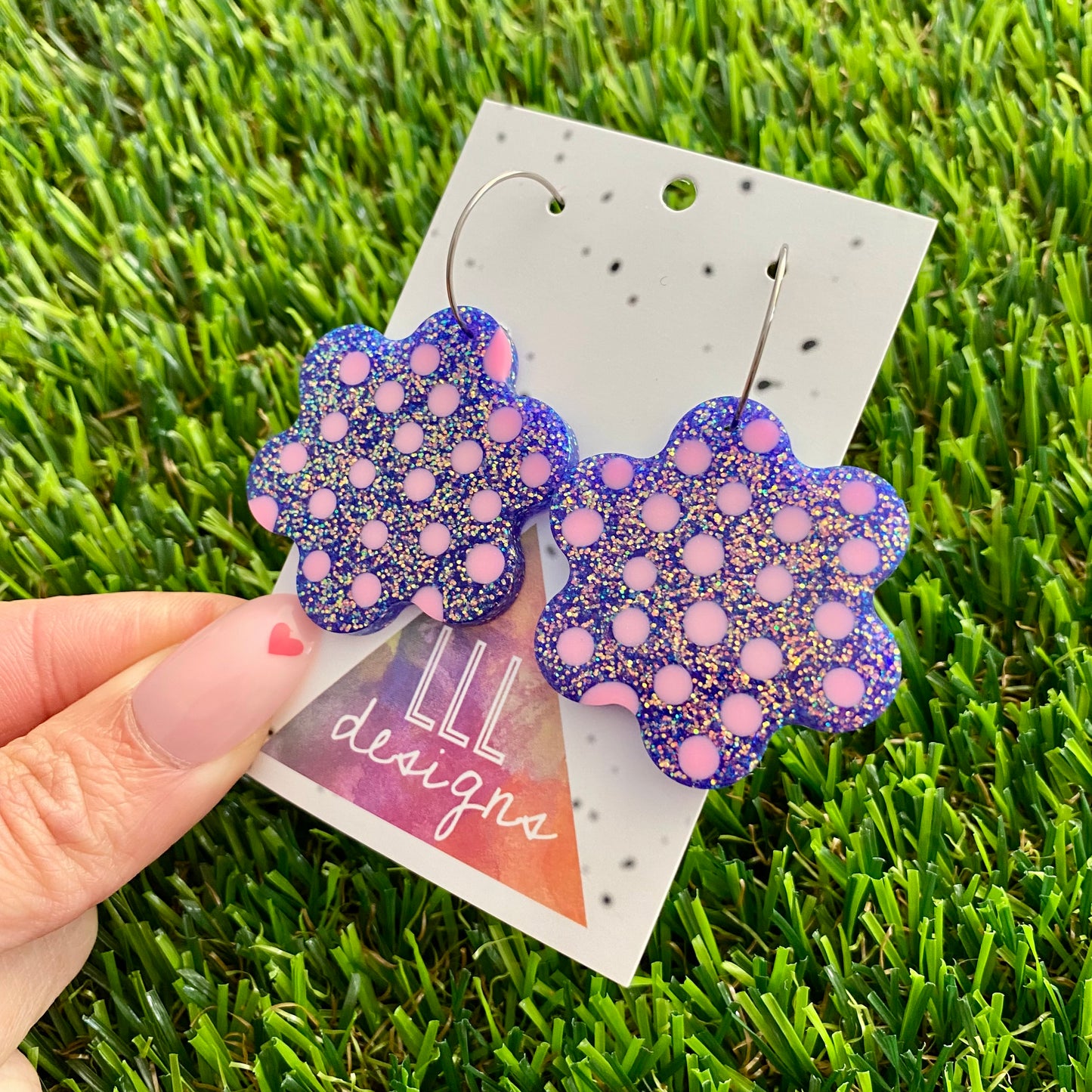 ON SALE!!!!! Resin Earrings - Polka Dotted Galaxy Purple Flowers in Large Featuring a Silver Hoop! (3)