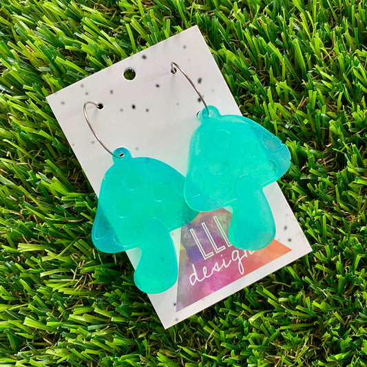 ON SALE!!!!! Resin Earrings - Teal Mushroom Featuring a Silver Hoop!