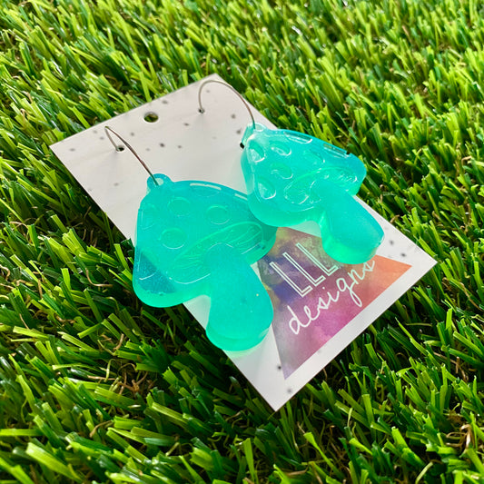 ON SALE!!!!! Resin Earrings - Teal Mushroom Featuring a Silver Hoop!