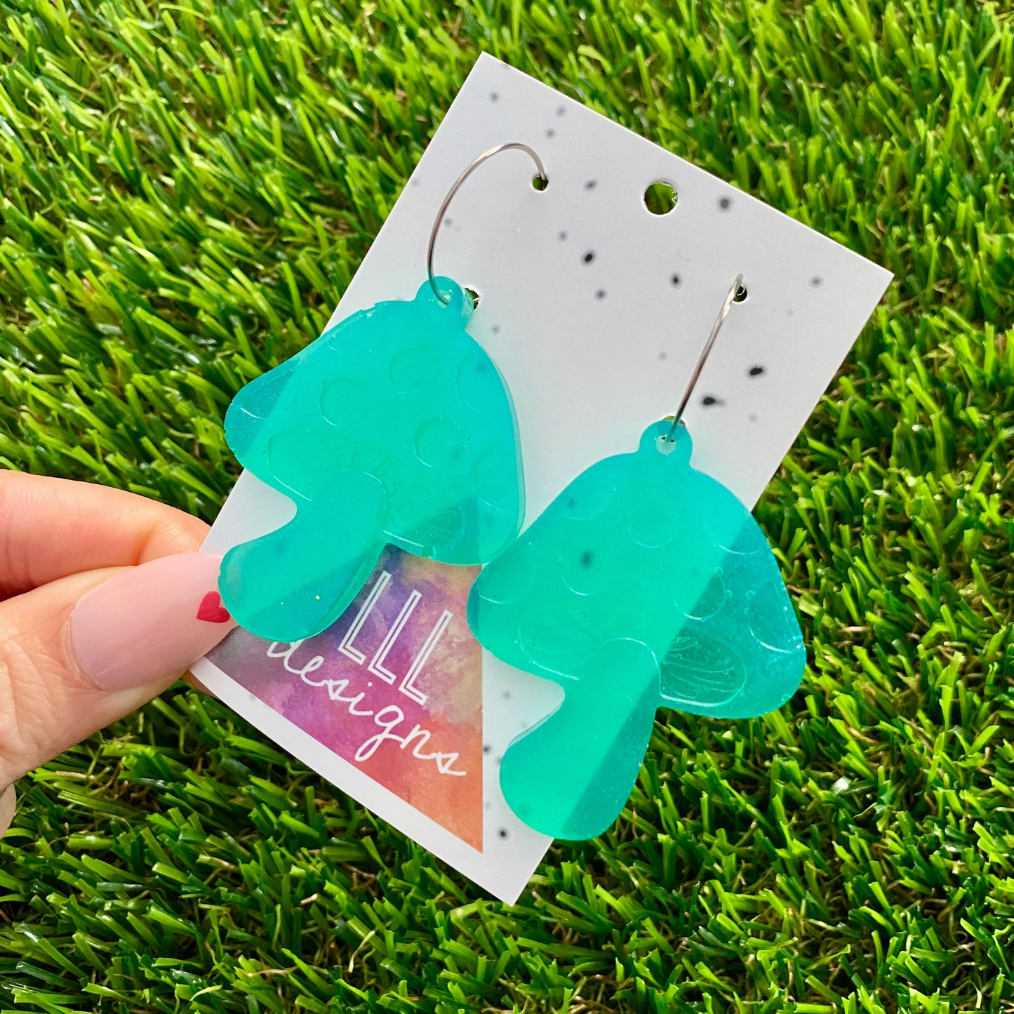 ON SALE!!!!! Resin Earrings - Teal Mushroom Featuring a Silver Hoop!