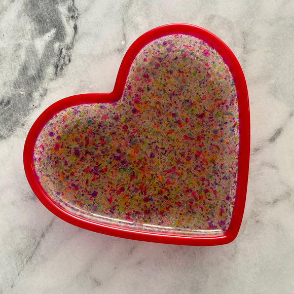 Resin Heart Tray - Two Tone Rainbow Confetti featuring a Rainbow Confetti Base and Bright Pink Border! Brighten Up Your Life with this Bold and Fun Piece!