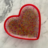 Resin Heart Tray - Two Tone Rainbow Confetti featuring a Rainbow Confetti Base and Bright Pink Border! Brighten Up Your Life with this Bold and Fun Piece!