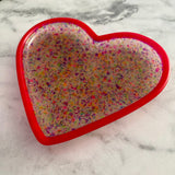 Resin Heart Tray - Two Tone Rainbow Confetti featuring a Rainbow Confetti Base and Bright Pink Border! Brighten Up Your Life with this Bold and Fun Piece!