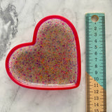 Resin Heart Tray - Two Tone Rainbow Confetti featuring a Rainbow Confetti Base and Bright Pink Border! Brighten Up Your Life with this Bold and Fun Piece!