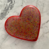 Resin Heart Tray - Two Tone Rainbow Confetti featuring a Rainbow Confetti Base and Bright Pink Border! Brighten Up Your Life with this Bold and Fun Piece!