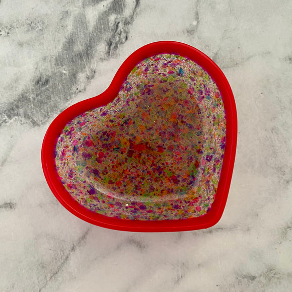 Resin Heart Dish - Two Tone Rainbow Confetti featuring a Rainbow Confetti Base and Bright Pink Border! Brighten Up Your Life with this Bold and Fun Piece!