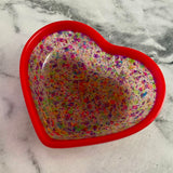 Resin Heart Dish - Two Tone Rainbow Confetti featuring a Rainbow Confetti Base and Bright Pink Border! Brighten Up Your Life with this Bold and Fun Piece!