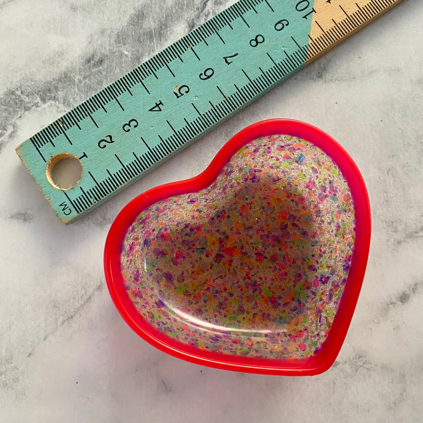 Resin Heart Dish - Two Tone Rainbow Confetti featuring a Rainbow Confetti Base and Bright Pink Border! Brighten Up Your Life with this Bold and Fun Piece!
