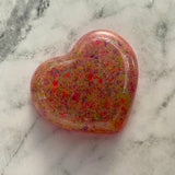 Resin Heart Dish - Two Tone Rainbow Confetti featuring a Rainbow Confetti Base and Bright Pink Border! Brighten Up Your Life with this Bold and Fun Piece!