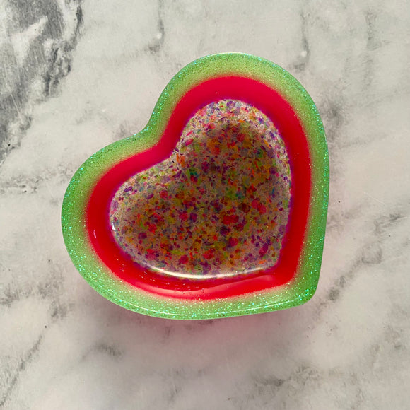 Resin Heart Dish - Three Tone Rainbow Confetti featuring a Rainbow Confetti Base, Bright Pink Middle and Green Border! Brighten Up Your Life with this Bold and Fun Piece!