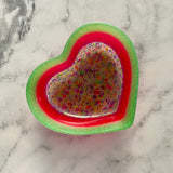 Resin Heart Dish - Three Tone Rainbow Confetti featuring a Rainbow Confetti Base, Bright Pink Middle and Green Border! Brighten Up Your Life with this Bold and Fun Piece!
