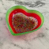 Resin Heart Dish - Three Tone Rainbow Confetti featuring a Rainbow Confetti Base, Bright Pink Middle and Green Border! Brighten Up Your Life with this Bold and Fun Piece!