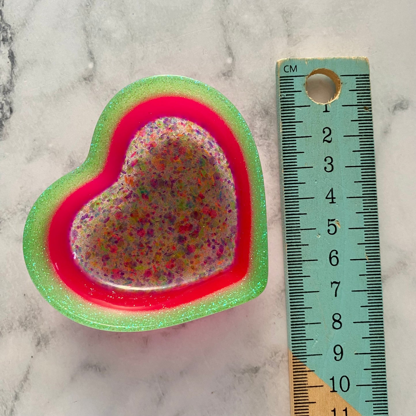 Resin Heart Dish - Three Tone Rainbow Confetti featuring a Rainbow Confetti Base, Bright Pink Middle and Green Border! Brighten Up Your Life with this Bold and Fun Piece!