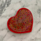 Resin Heart Dish - Three Tone Rainbow Confetti featuring a Rainbow Confetti Base, Bright Pink Middle and Green Border! Brighten Up Your Life with this Bold and Fun Piece!