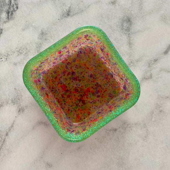 Resin Square Dish - Two Tone Rainbow Confetti featuring a Rainbow Confetti Base and Glitter Green Border! Brighten Up Your Life with this Bold and Fun Piece!
