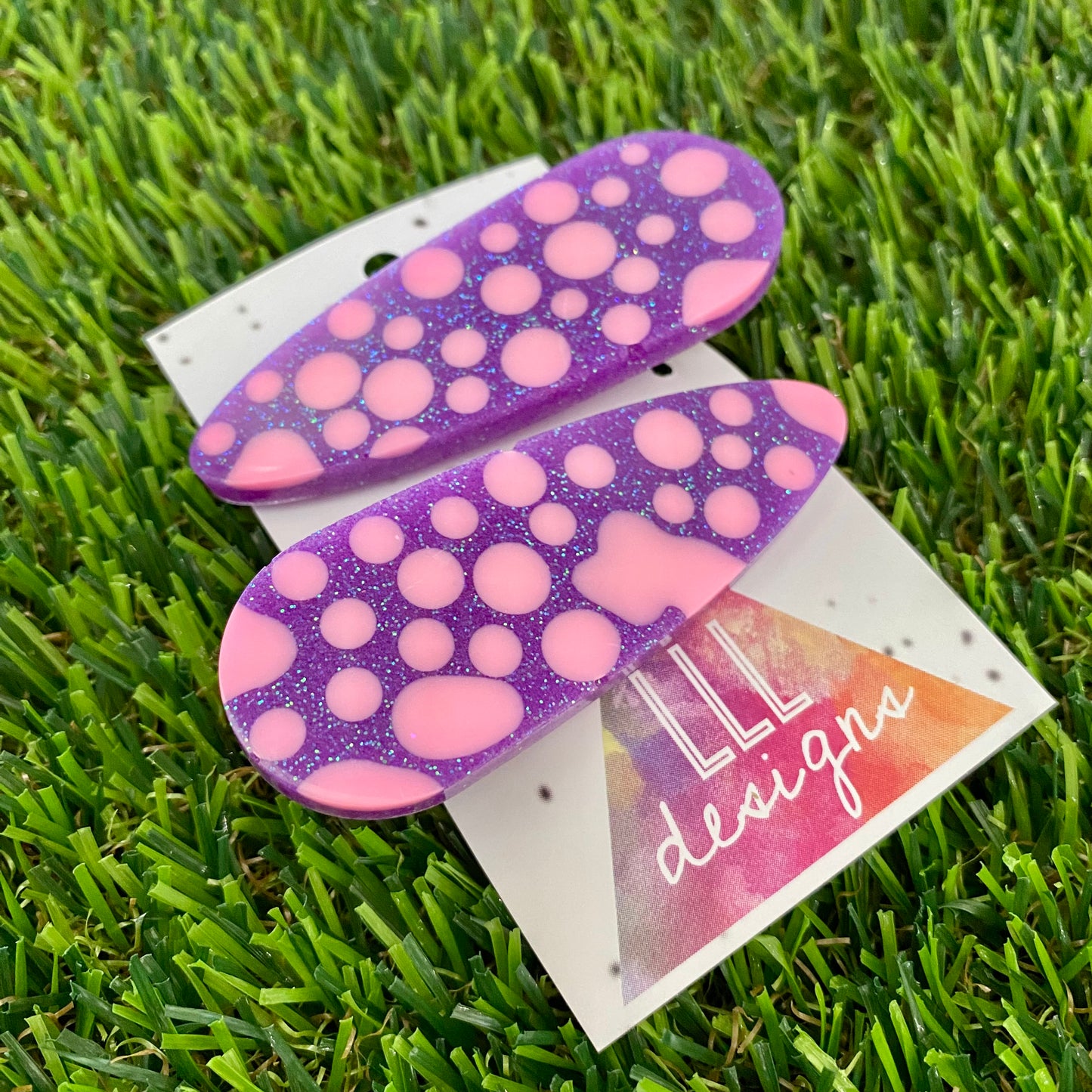 Handmade Resin Hair Clip - Pink Polka Dots on Glitter Purple Hair Clip Pair!