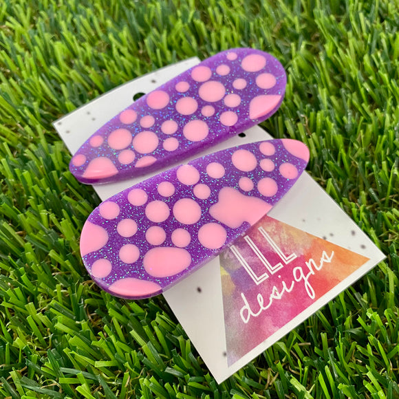 Handmade Resin Hair Clip - Pink Polka Dots on Glitter Purple Hair Clip Pair!